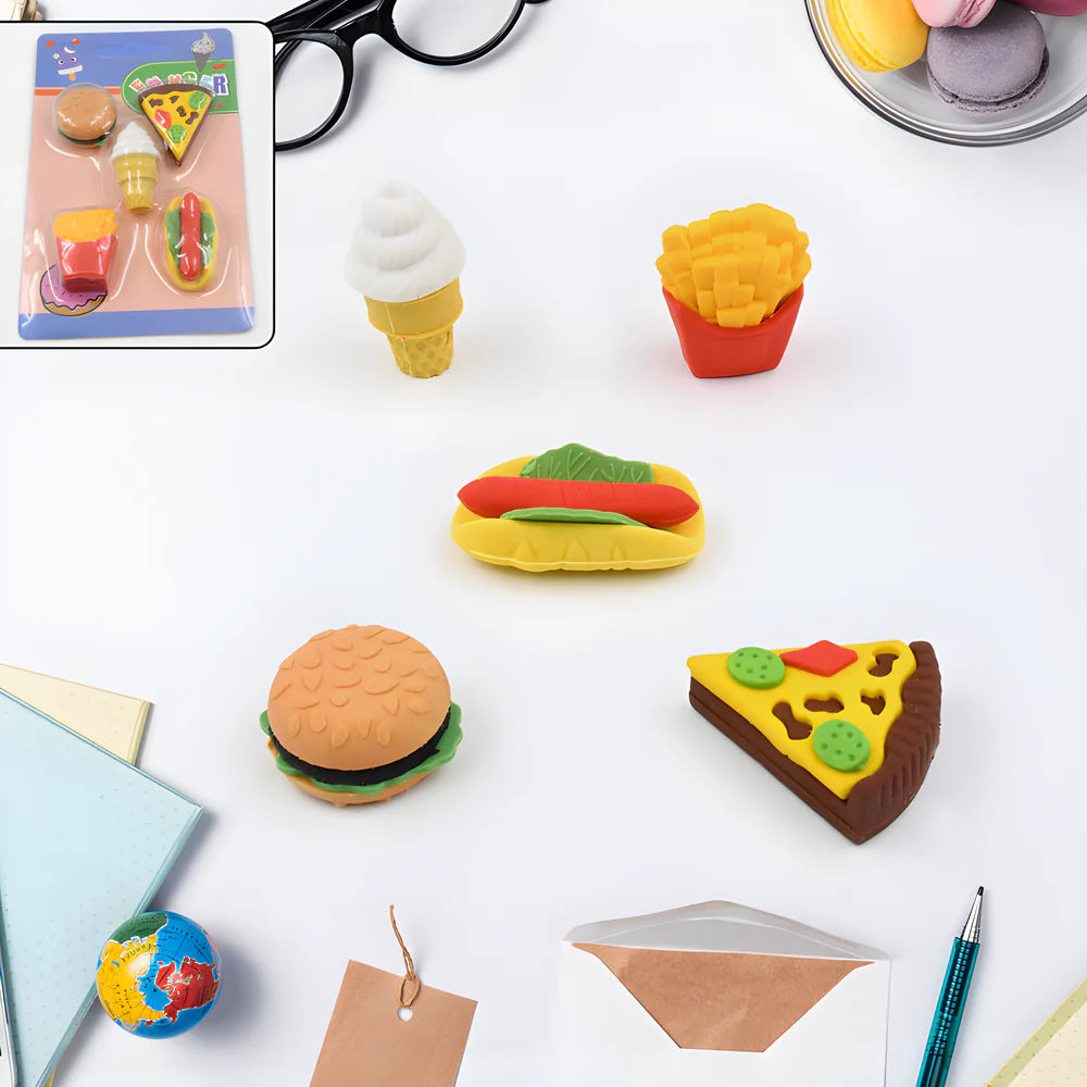 Food-shaped eraser set with burger, pizza slice, ice cream, fries, and donut designs