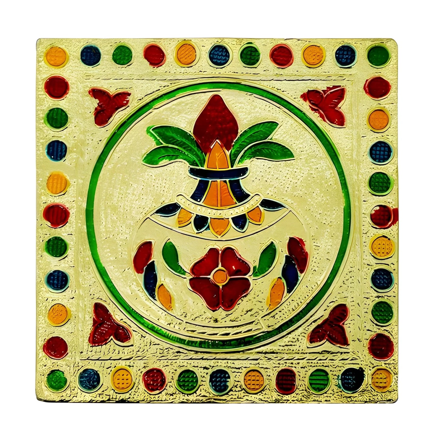 Decorative wooden bajot with multicolor circular medallion pattern on square top