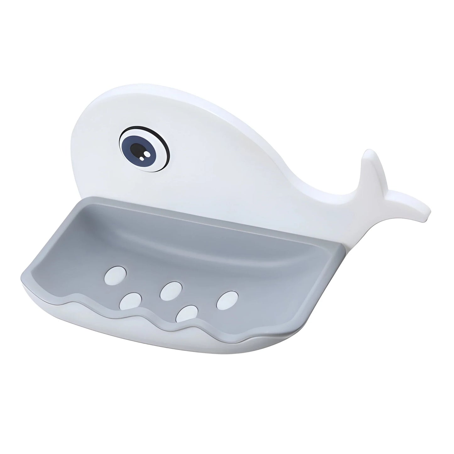 Fish soap holder with white body and gray draining tray