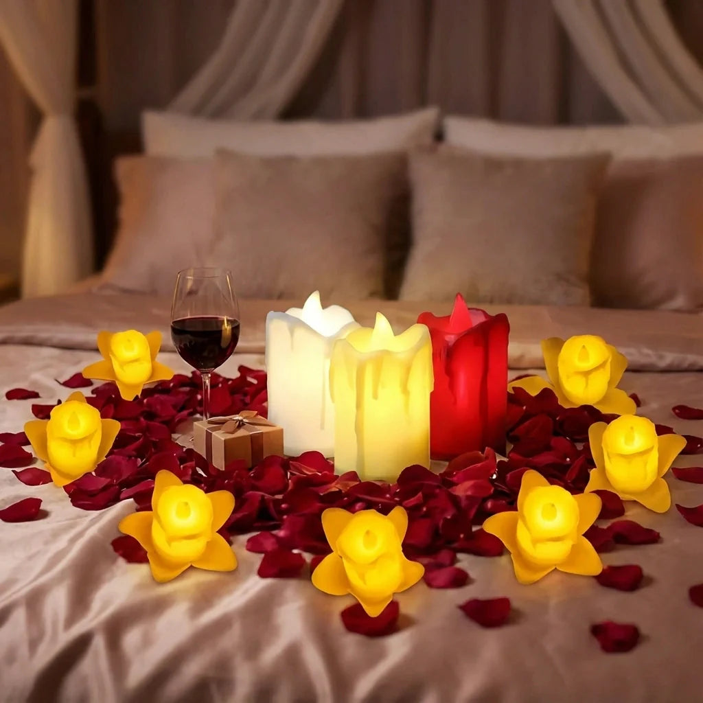 Flameless melted LED candles: white and red melted pillars with yellow flower LEDs.