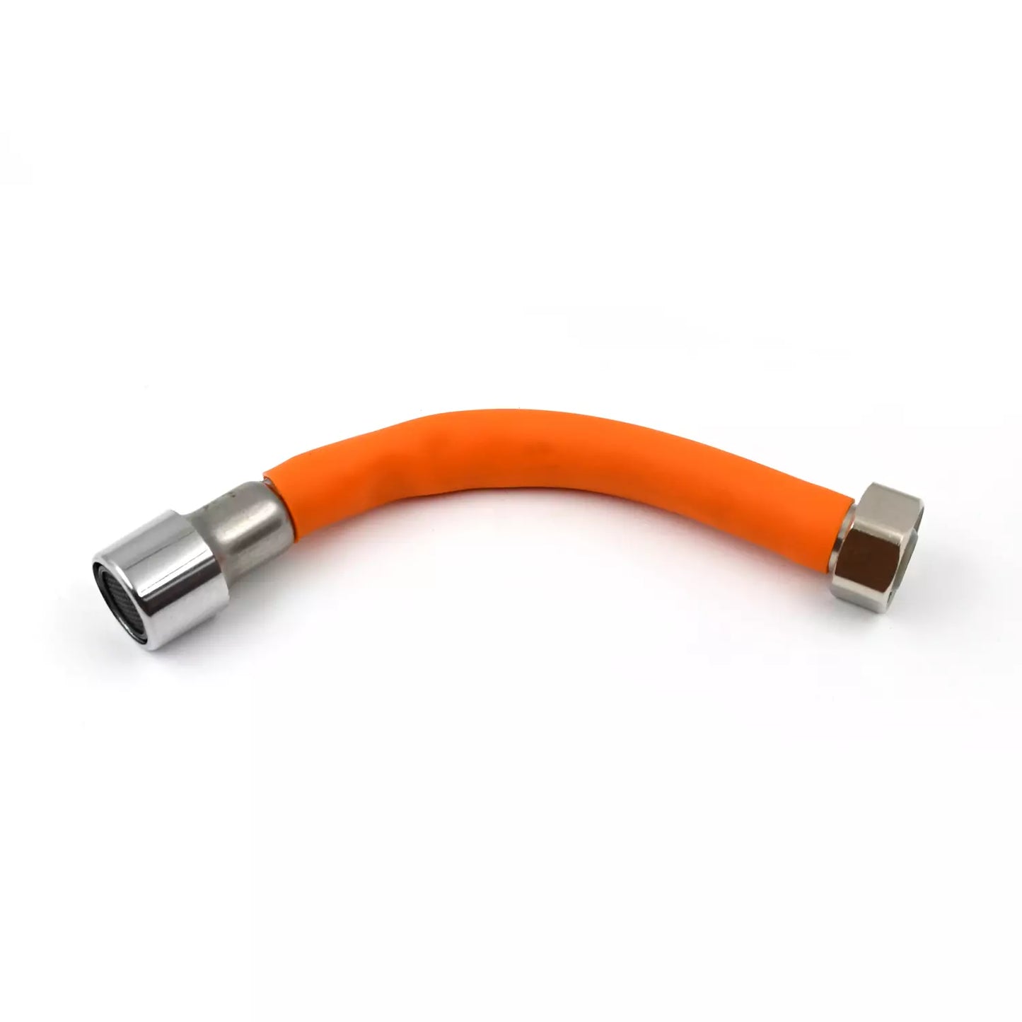 Flexible faucet extender with orange flexible hose and two metal connectors