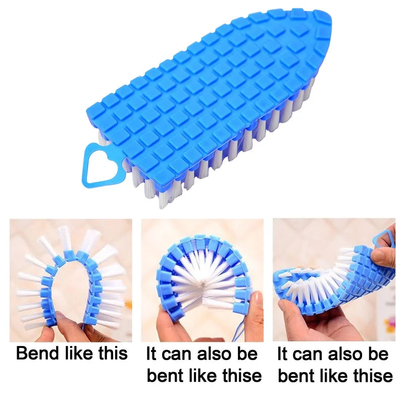 Flexible cleaning brush with blue body and white bristles, heart-shaped loop handle