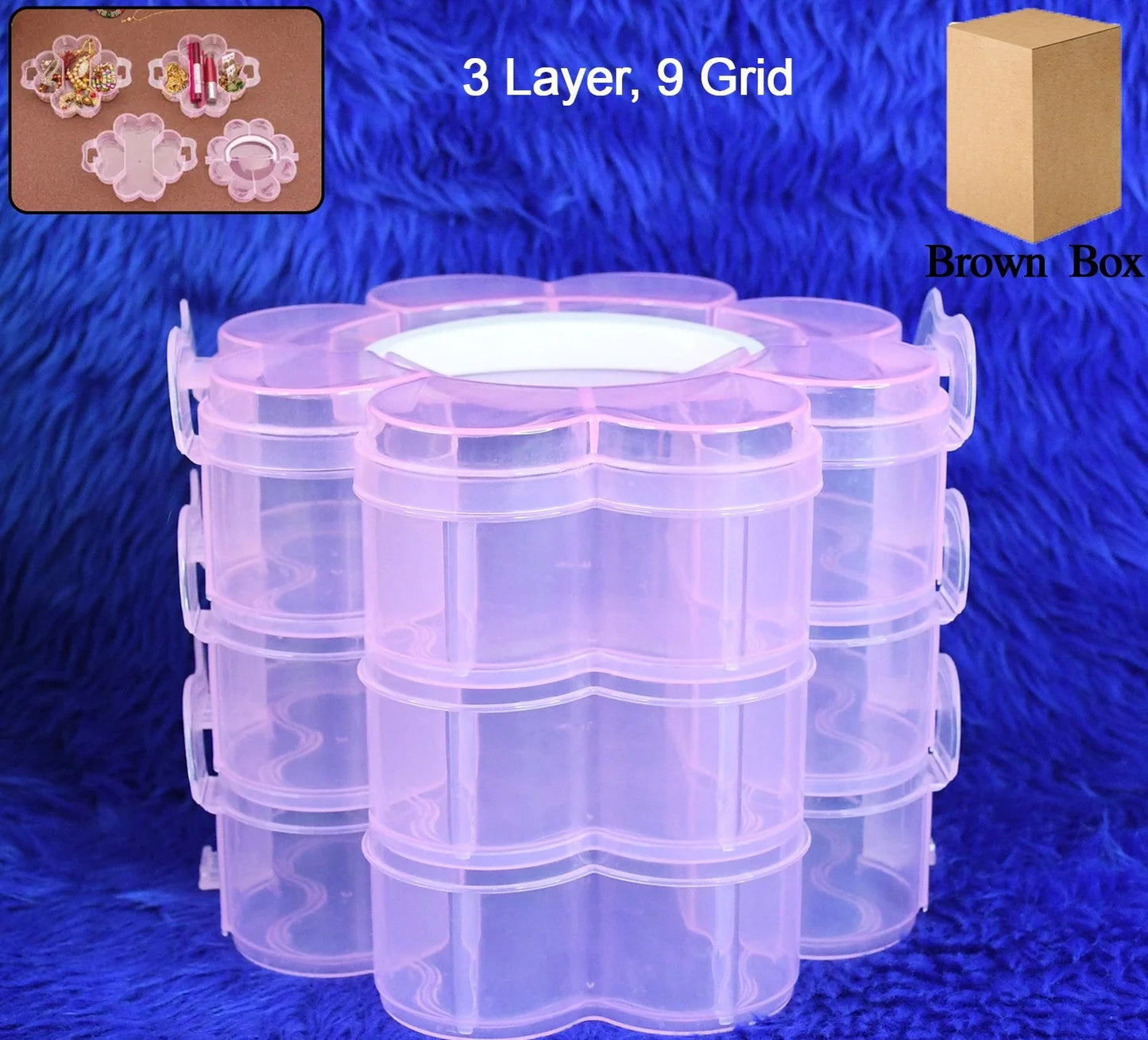 Lavender translucent 3-layer organizer box with flower-shaped grid compartments and handle