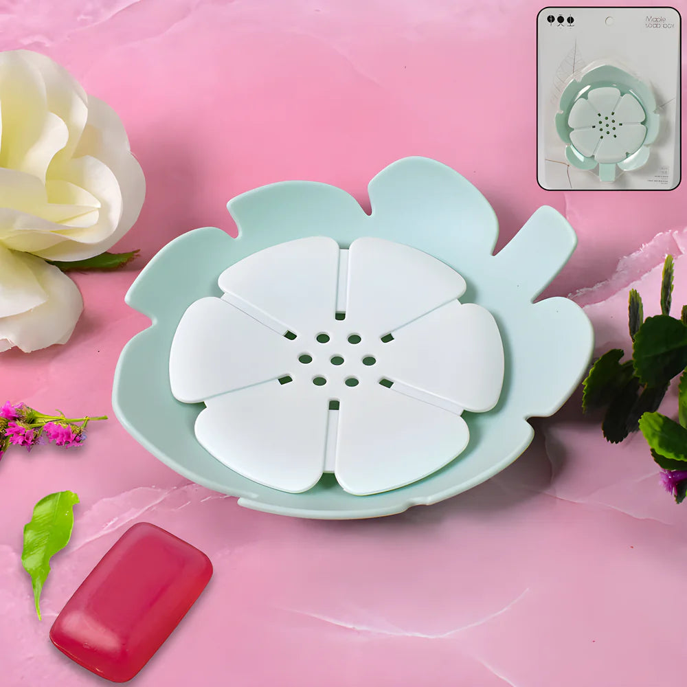 Flower-shaped soap dish tray with mint base and white petal plate