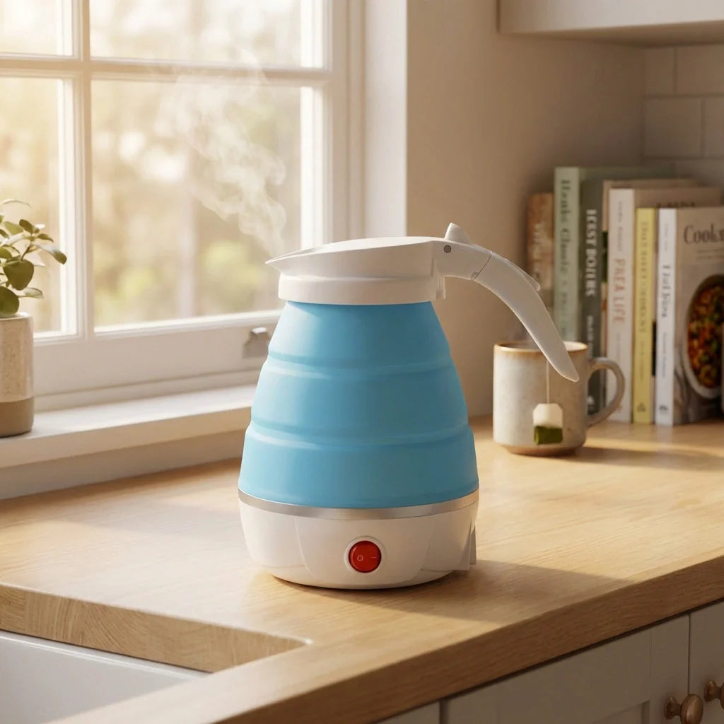 Blue foldable travel electric kettle with lid, handle, and red base indicator