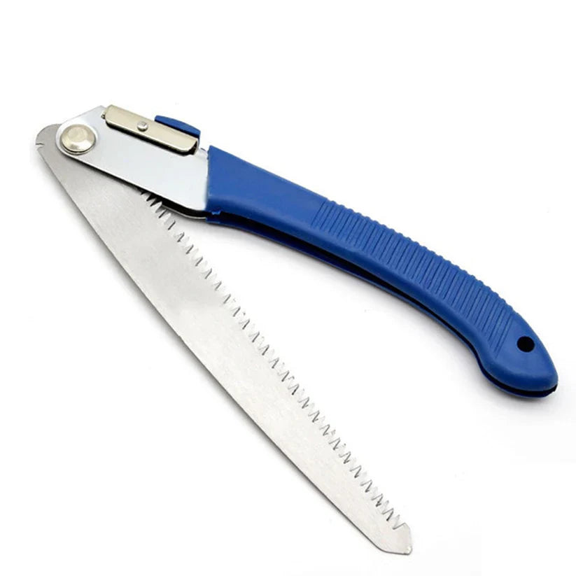 Folding gardening saw with blue handle and serrated curved blade