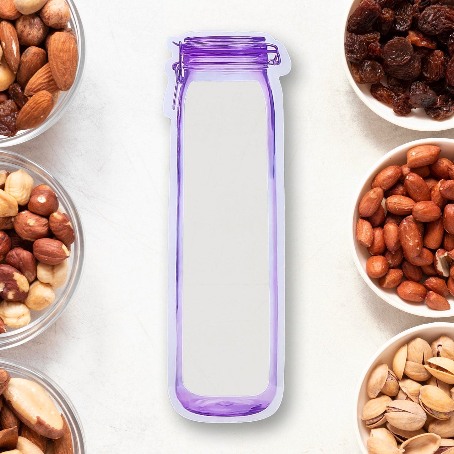 Clear bottle-shaped zip pouch with purple zip lid