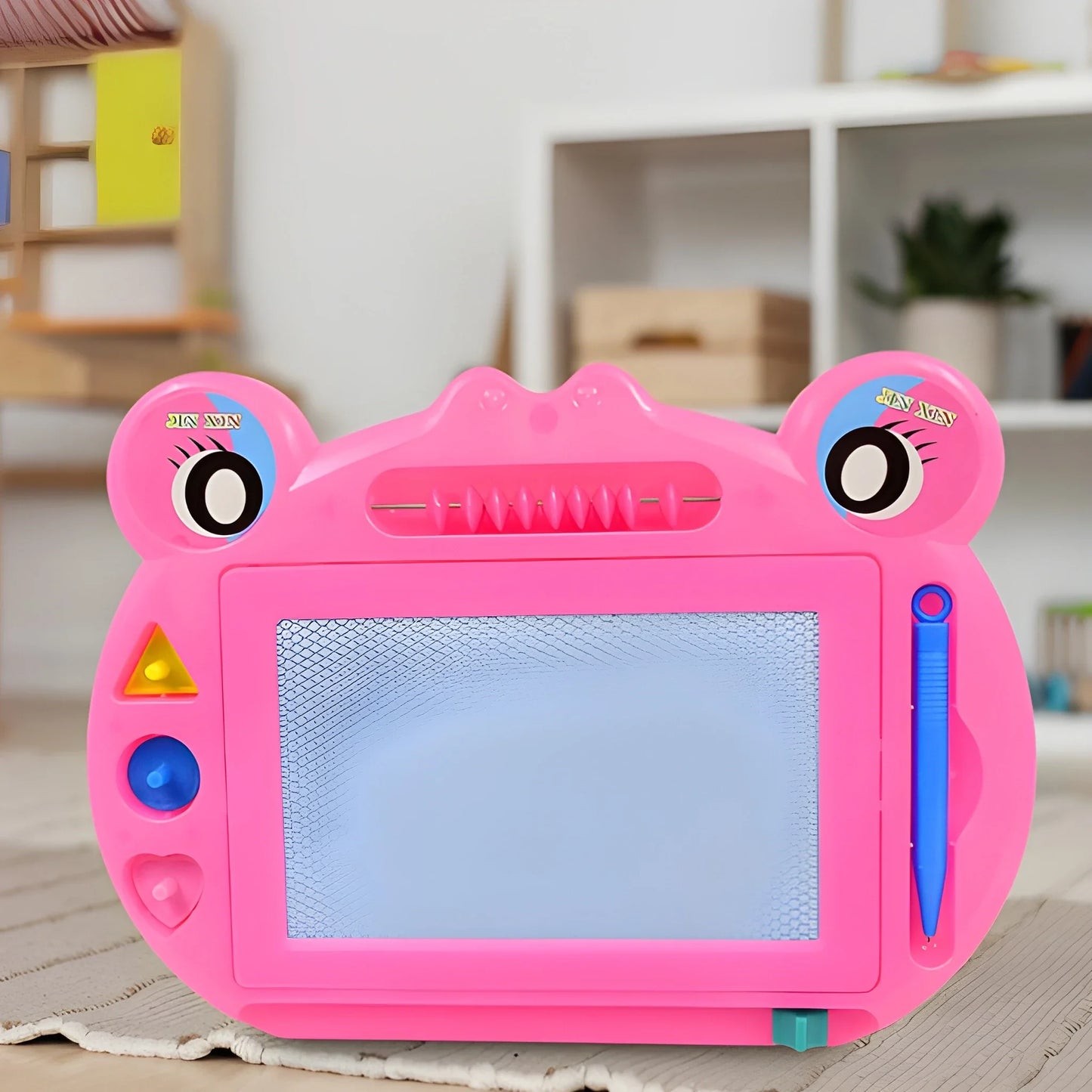 Pink frog writing slate with blank screen and blue stylus