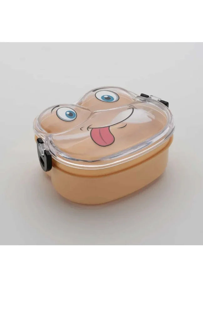 Kids frog-themed lunch box with clear lid and cartoon face, beige base