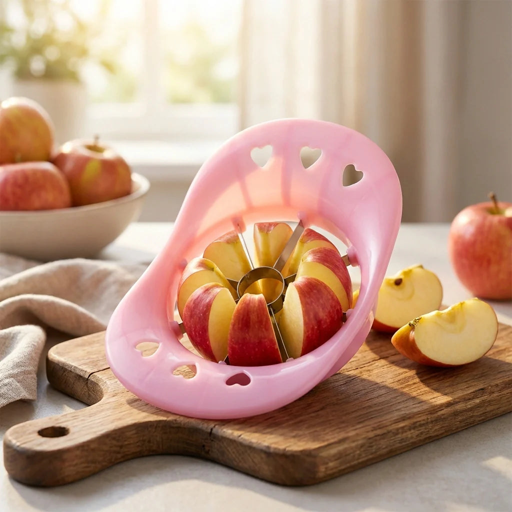 Pink fruit cutter slicer with circular blades and apple slices inside