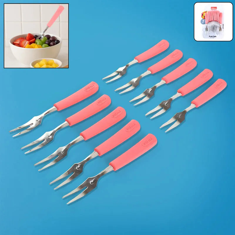 Set of 10 fruit forks with pink handles and four-tine stainless prongs