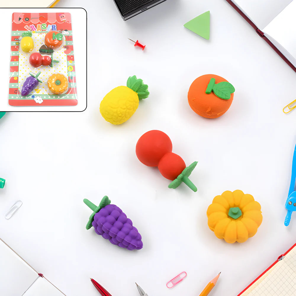 Fruit-shaped eraser set with pineapple, orange, grape, strawberry, and flower