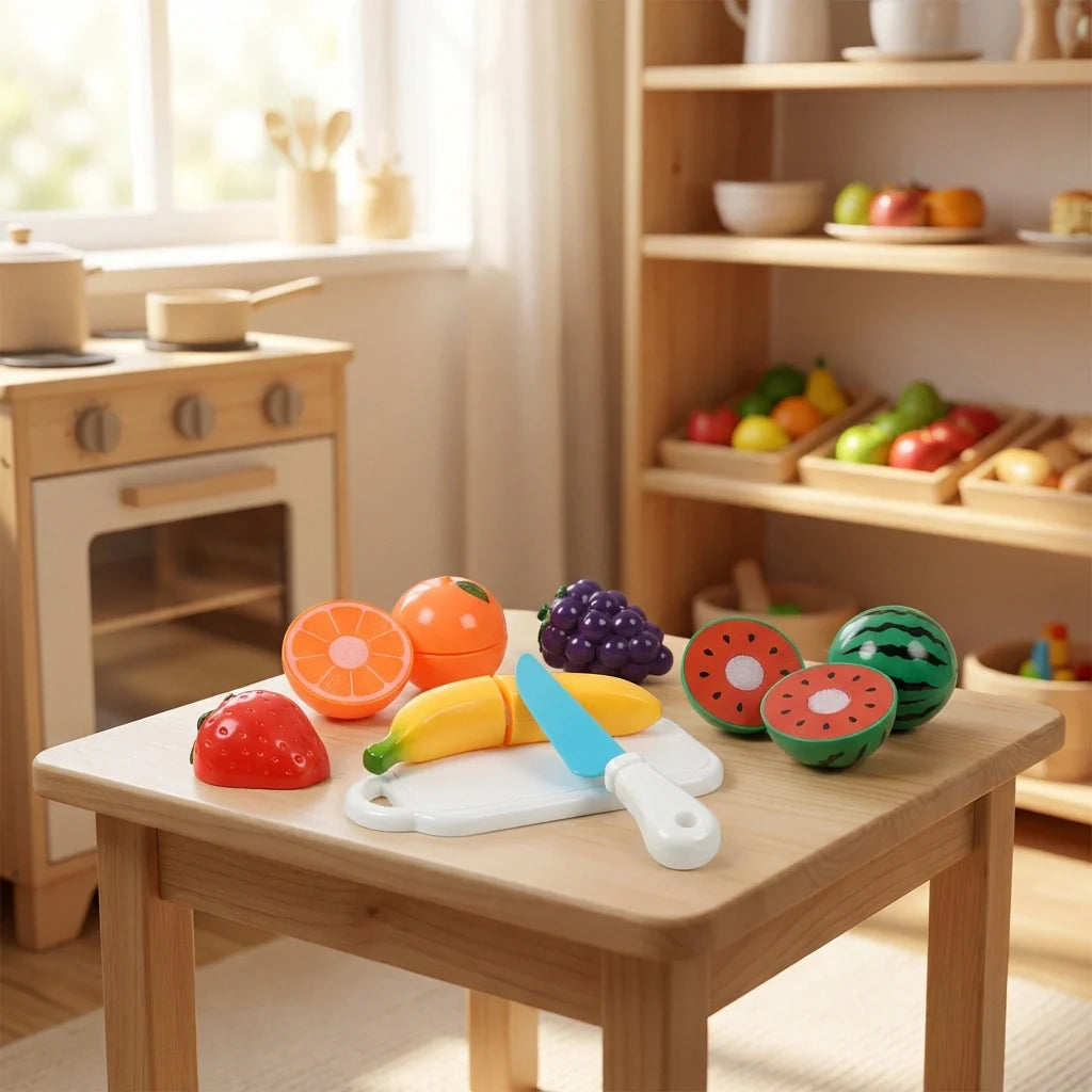 Fruit sliceable toy set with colorful plastic fruit slices on a wooden play table