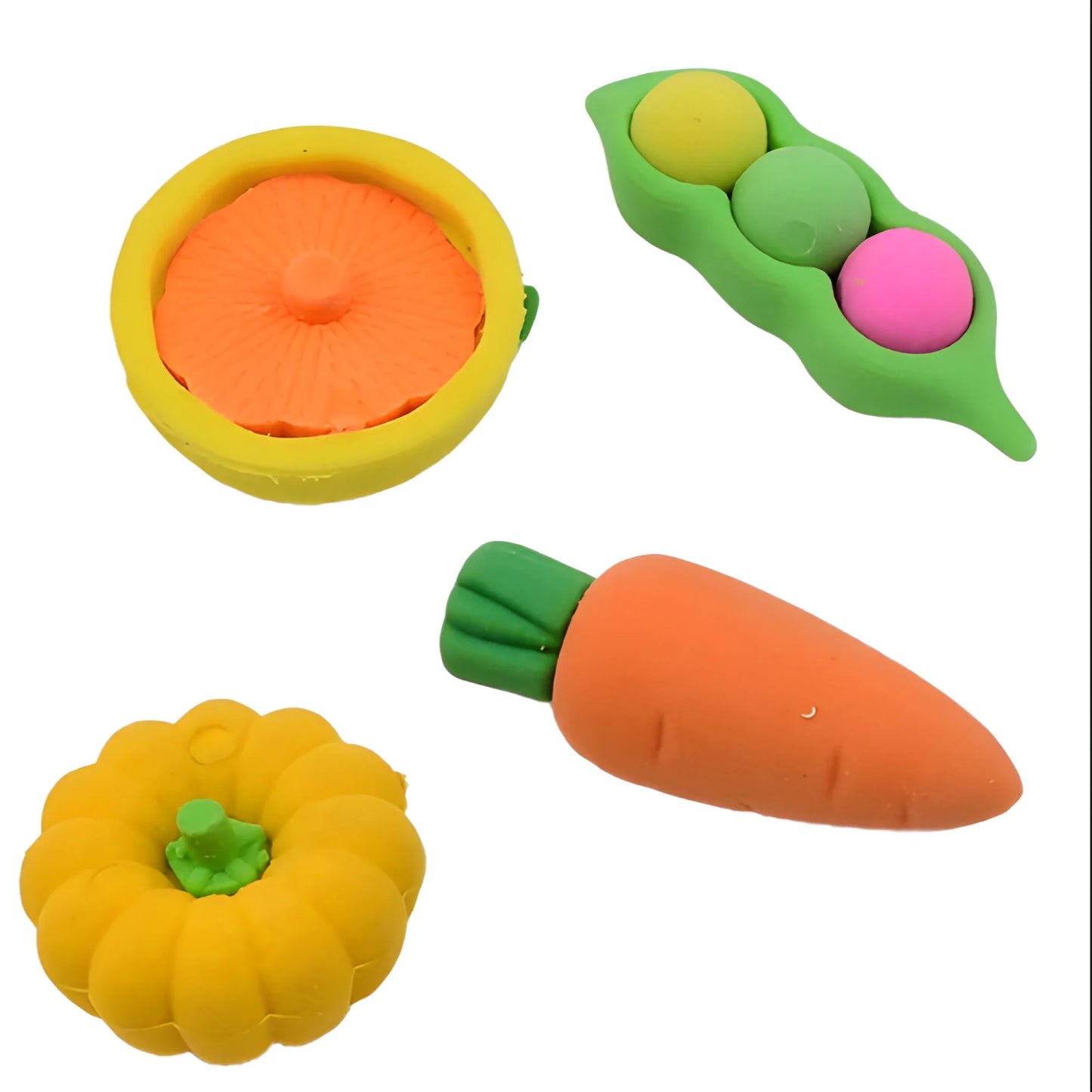 Kids' 3D eraser set with orange slice, pea pod, carrot, and flower erasers