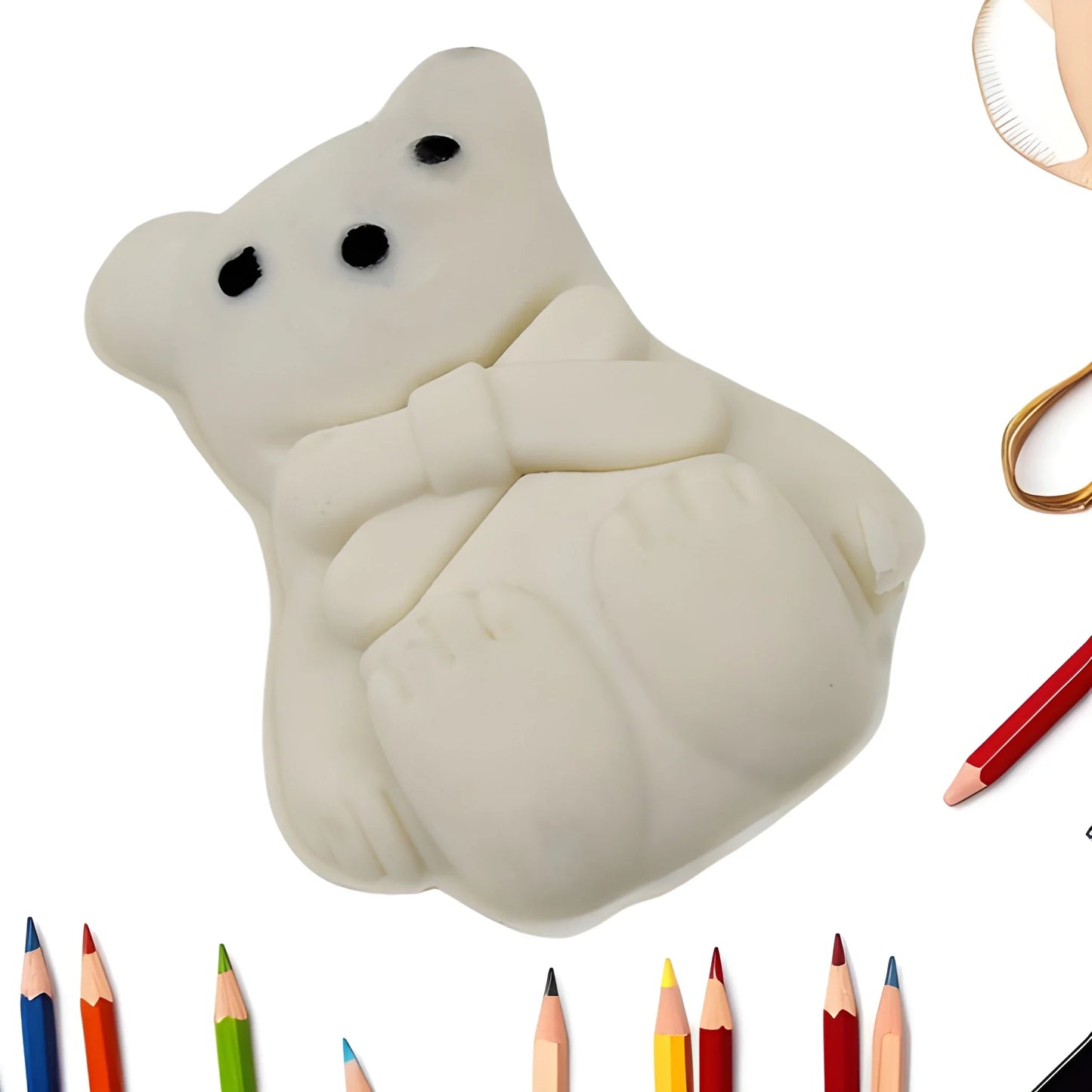 Cartoon ghost-shaped eraser for kids, white body with black eyes