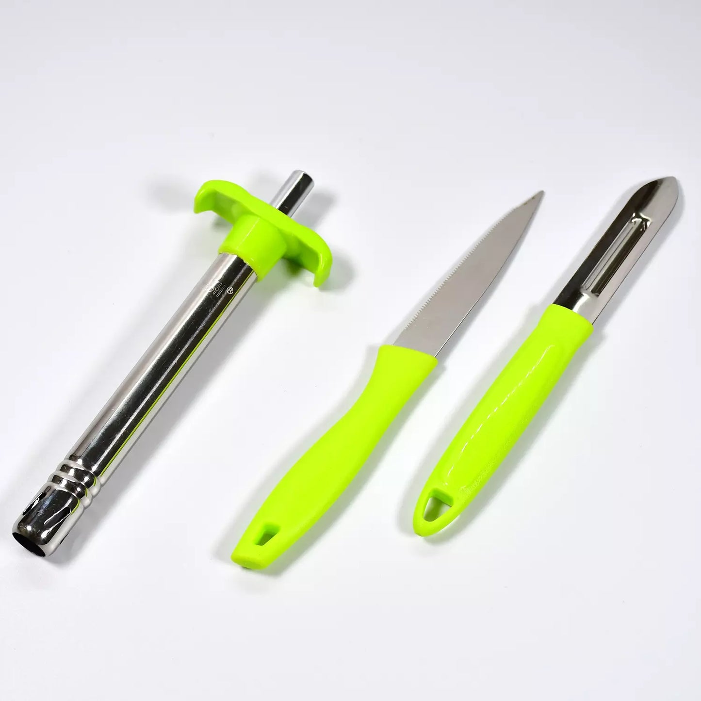 3-in-1 utility knife set with neon green handles and stainless steel blades