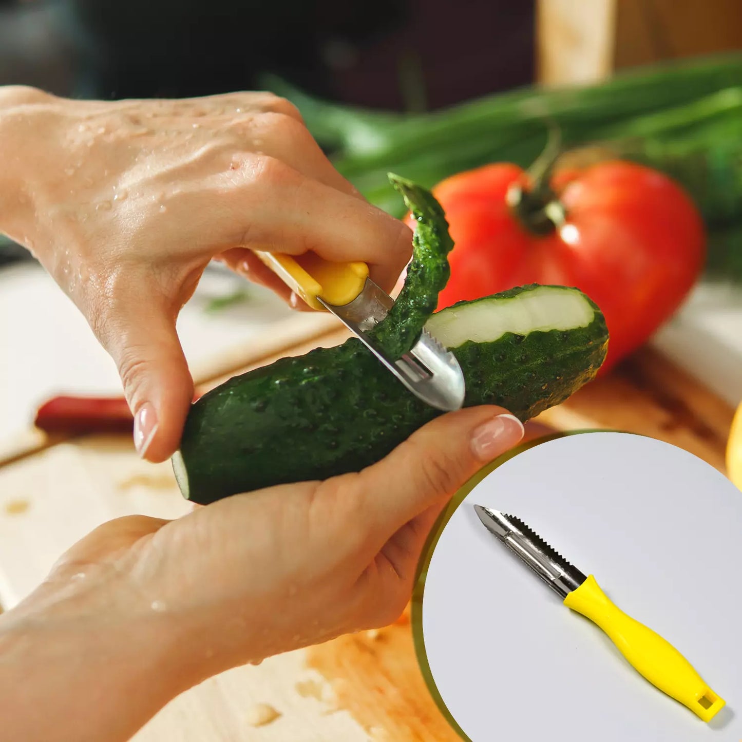 Stainless steel vegetable peeler with yellow handle, peeling cucumber