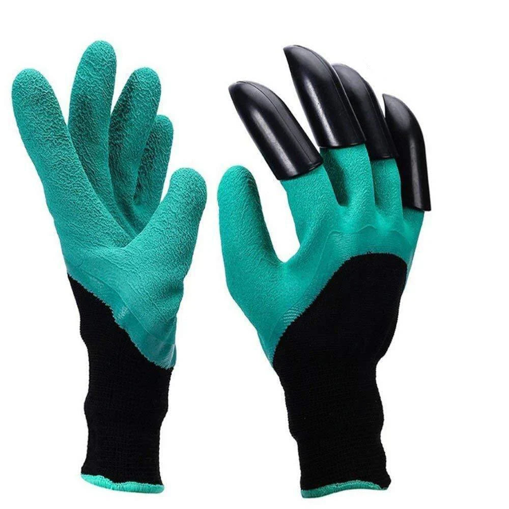 Teal garden claw gloves with black palms and 8 finger claw tips