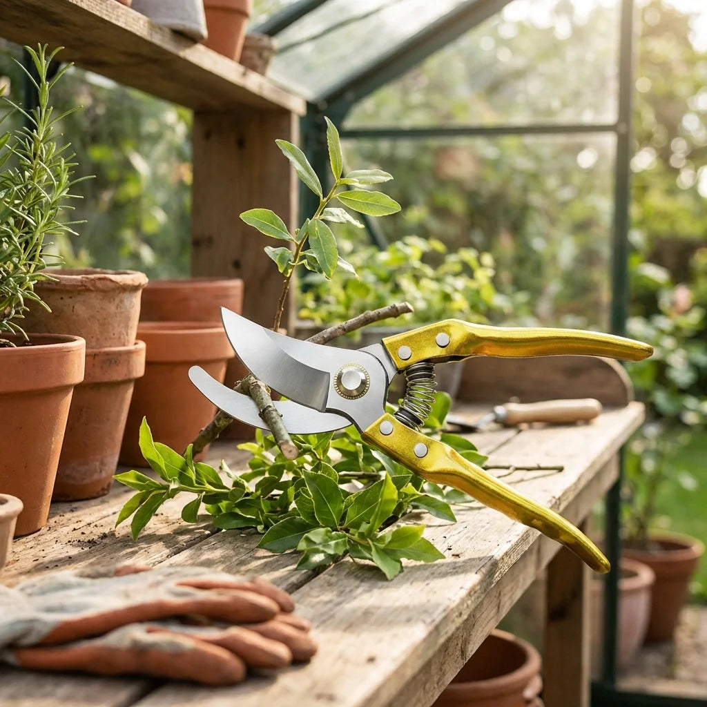Garden pruners with yellow-green handles and silver blades, open position