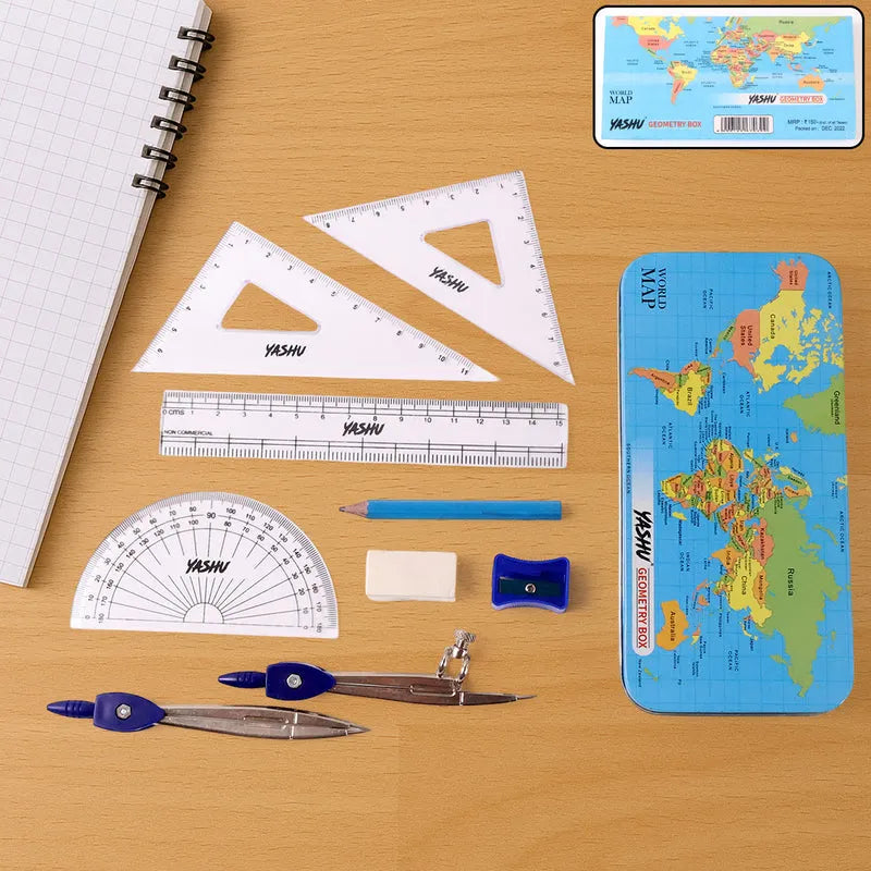 Geometry tool set with compass, rulers, protractor, pencil, and small measuring pieces