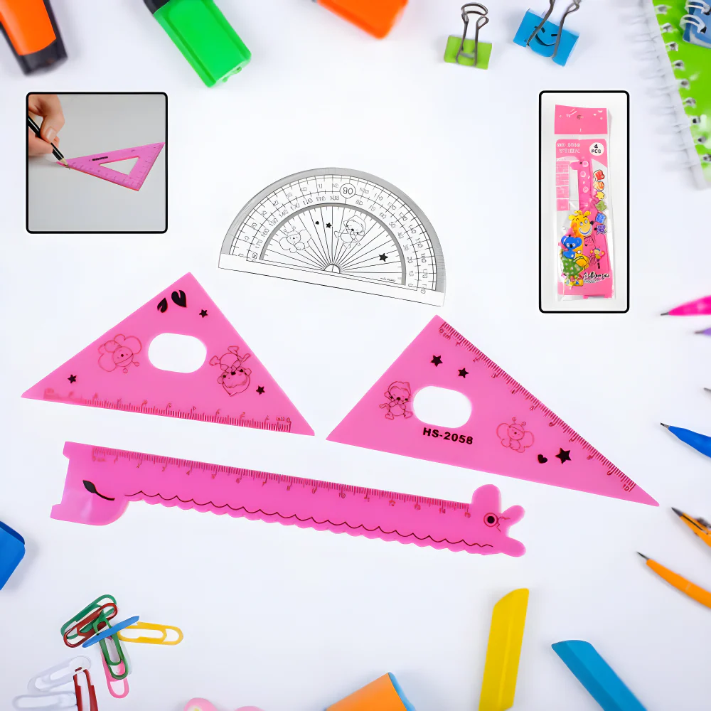 Pink giraffe-themed ruler set with triangle and straight rulers