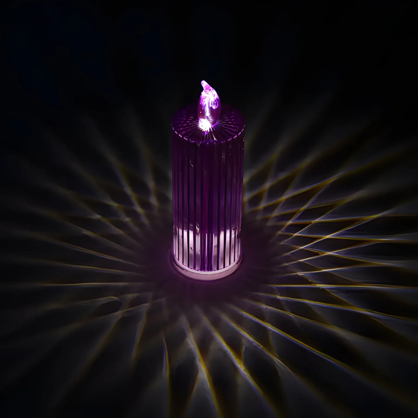 Purple LED glitter swirl candle with glowing light and textured body