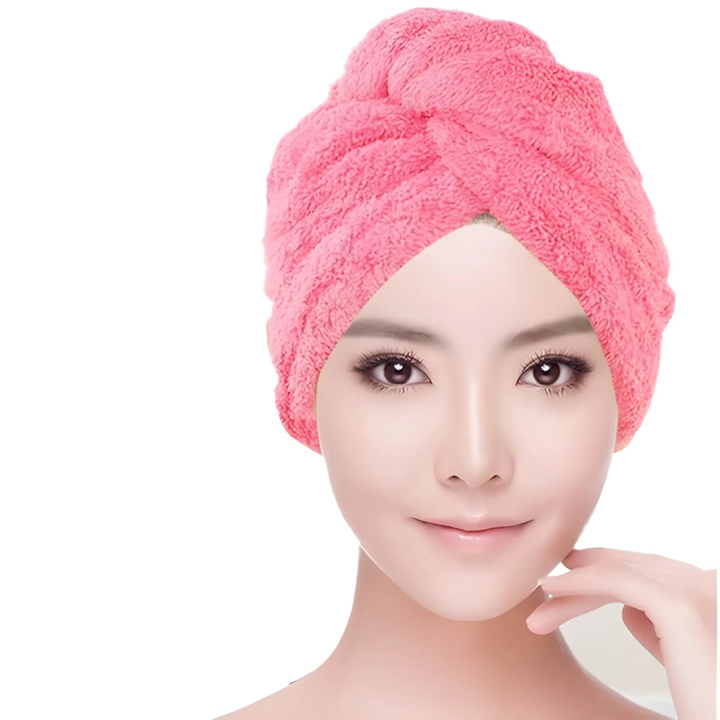 Pink terry hair drying cap towel worn on head