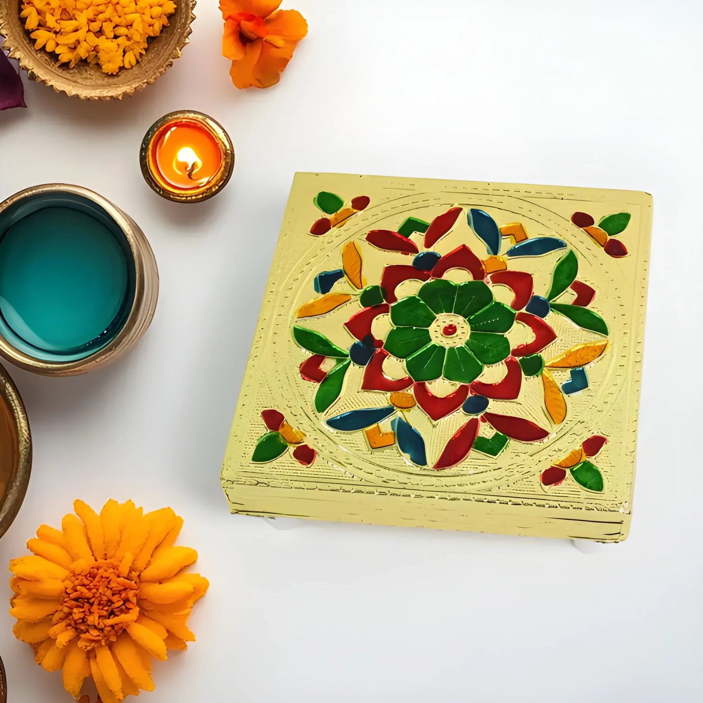 Hand-painted pooja chowki, cream square with colorful floral mandala