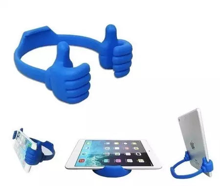 Hand phone holder with blue thumb grips and cradle for a tablet or phone