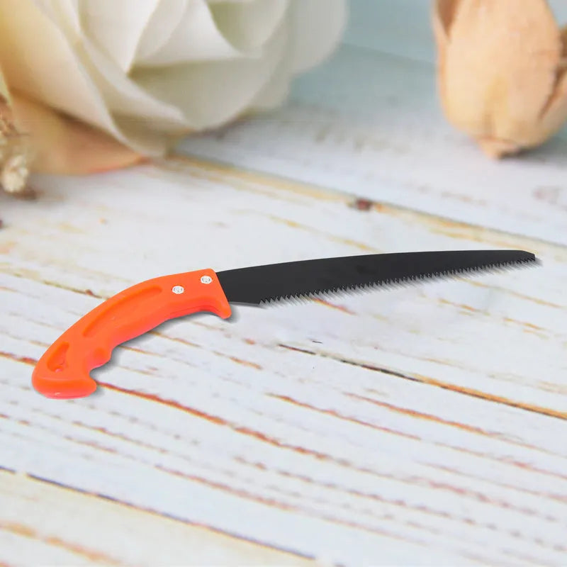Hand pruning saw with orange handle and black serrated blade