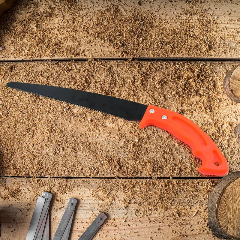 Hand pruning saw with orange handle and black blade, shown with spare covers