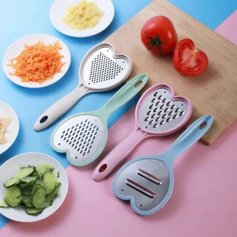 Heart grater and slicer set with heart-shaped shredding plates and two handles