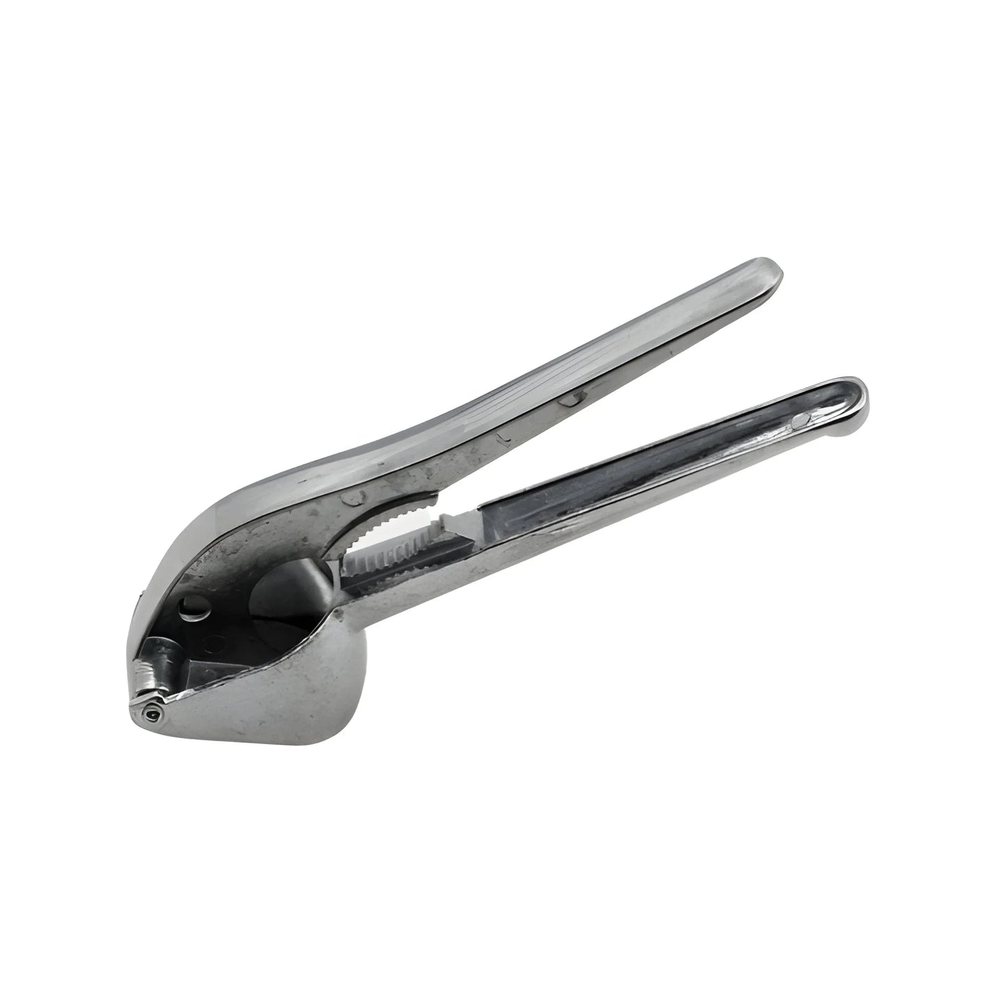 Aluminum garlic press with long handles and hinged crushing head, silver metal