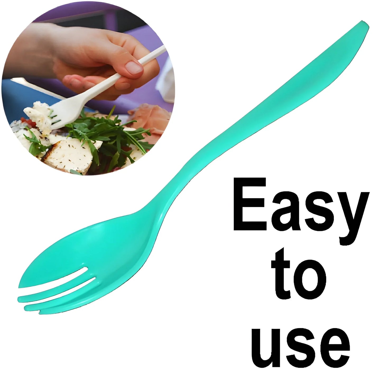 Turquoise plastic dinner fork with three-prong tines