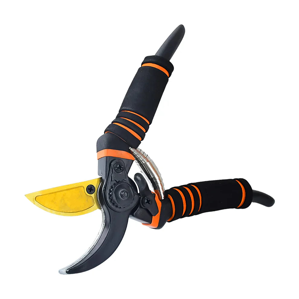 Heavy duty pruning shears with curved yellow blade and black-orange non-slip grips