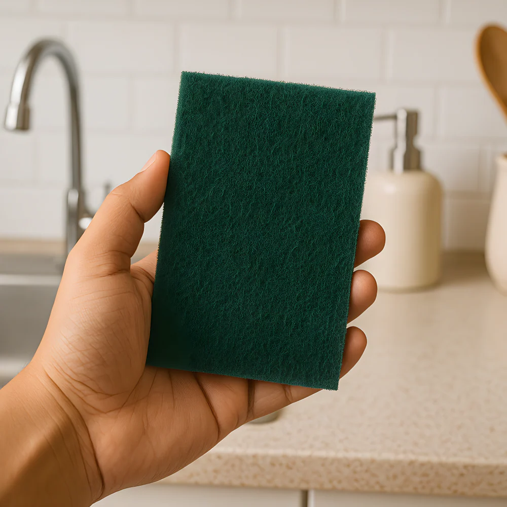 Heavy-duty scrubber pad, green rectangular cleaning pad