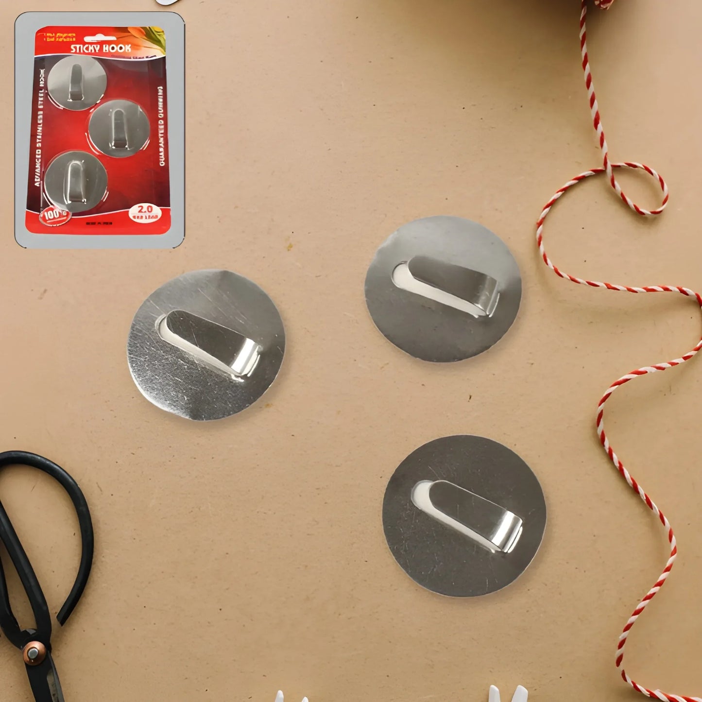 Round silver adhesive hooks with curved metal hanger, set
