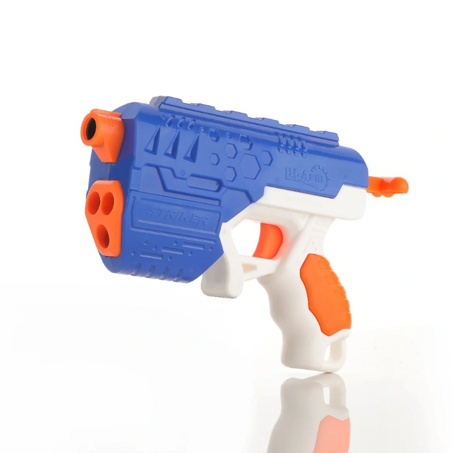 Blue and white foam suction gun with orange accents, front grip and trigger.