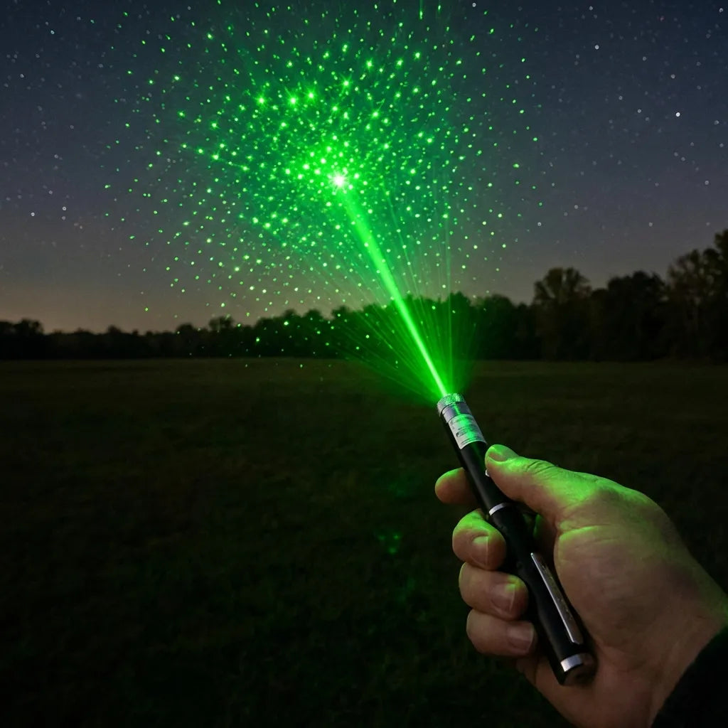 Hand holding a black-and-silver laser pointer pen, projecting a concentrated green beam