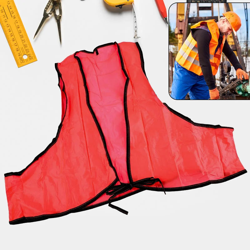 High-visibility safety vest in red with black trim and reflective stripes, front view