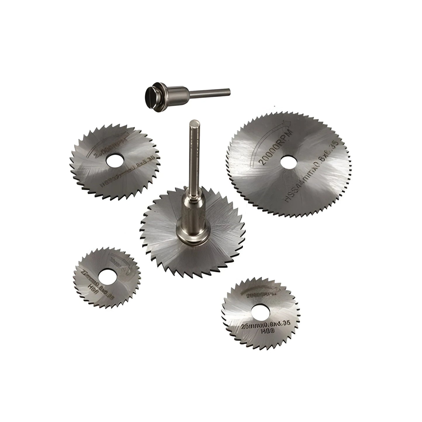 HSS rotary tool blade set with five circular cutting discs and shank holder