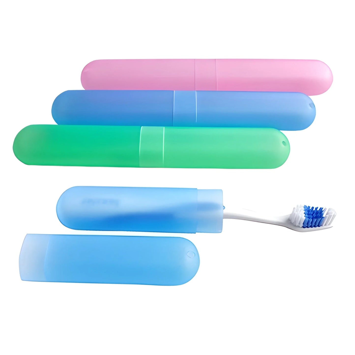 Travel toothbrush cases with snap lids; pink, blue, and green cases and a toothbrush