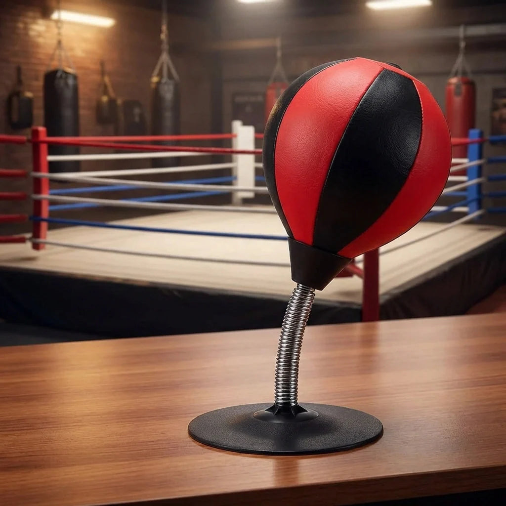 Inflatable punching bag with pump: red and black ball head on round base