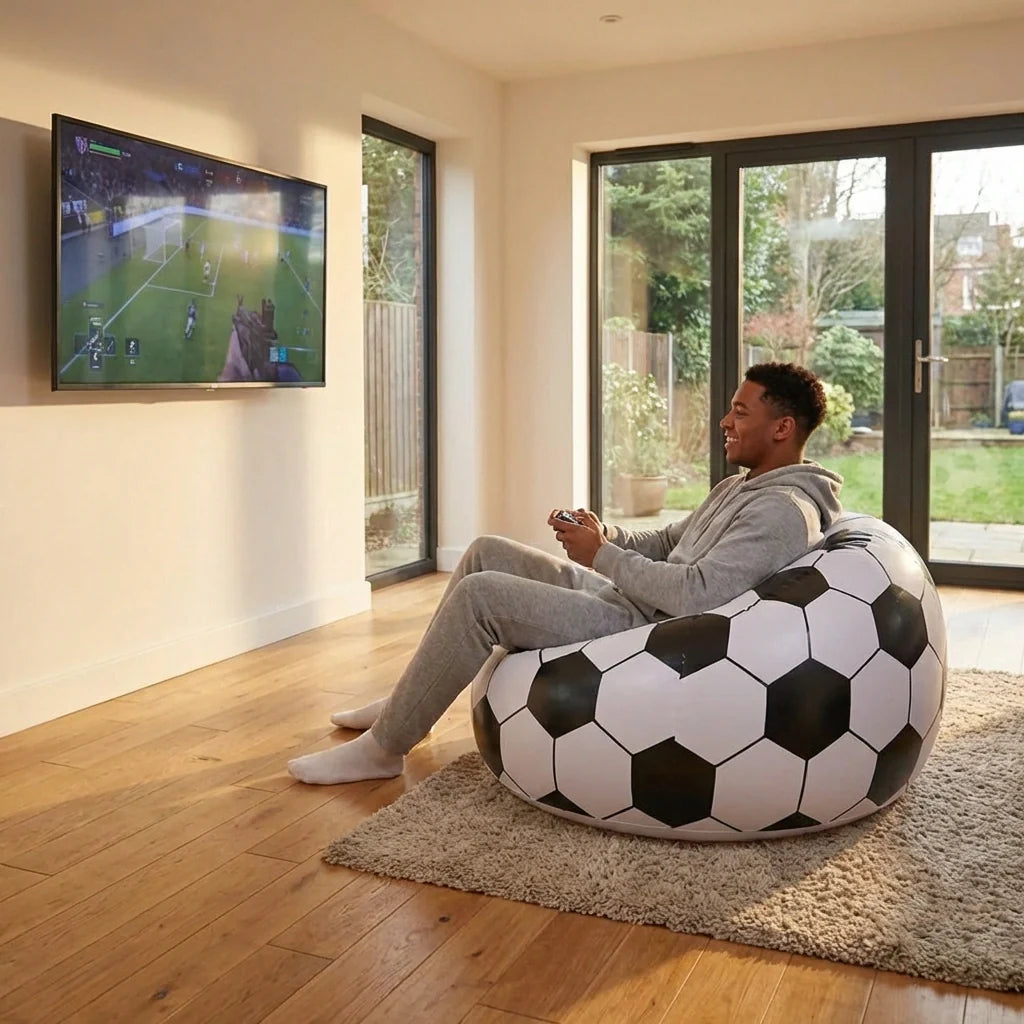 Inflatable soccer ball chair, black and white panel design, rounded seating beanbag