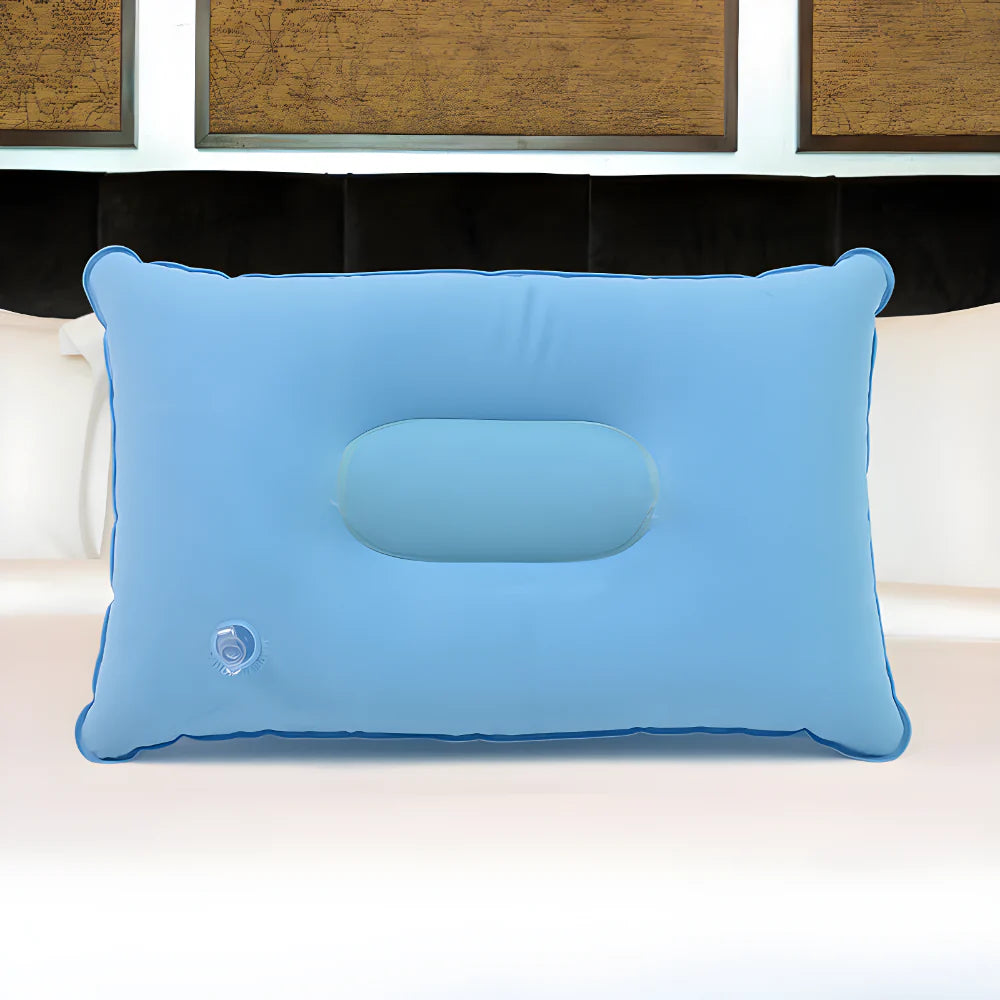 Light blue inflatable travel pillow with built-in neck support and valve detail