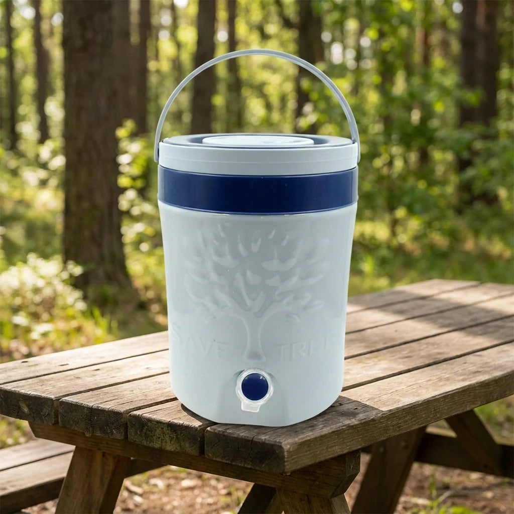 Insulated plastic water jug with carry handle and spigot, white with blue lid band