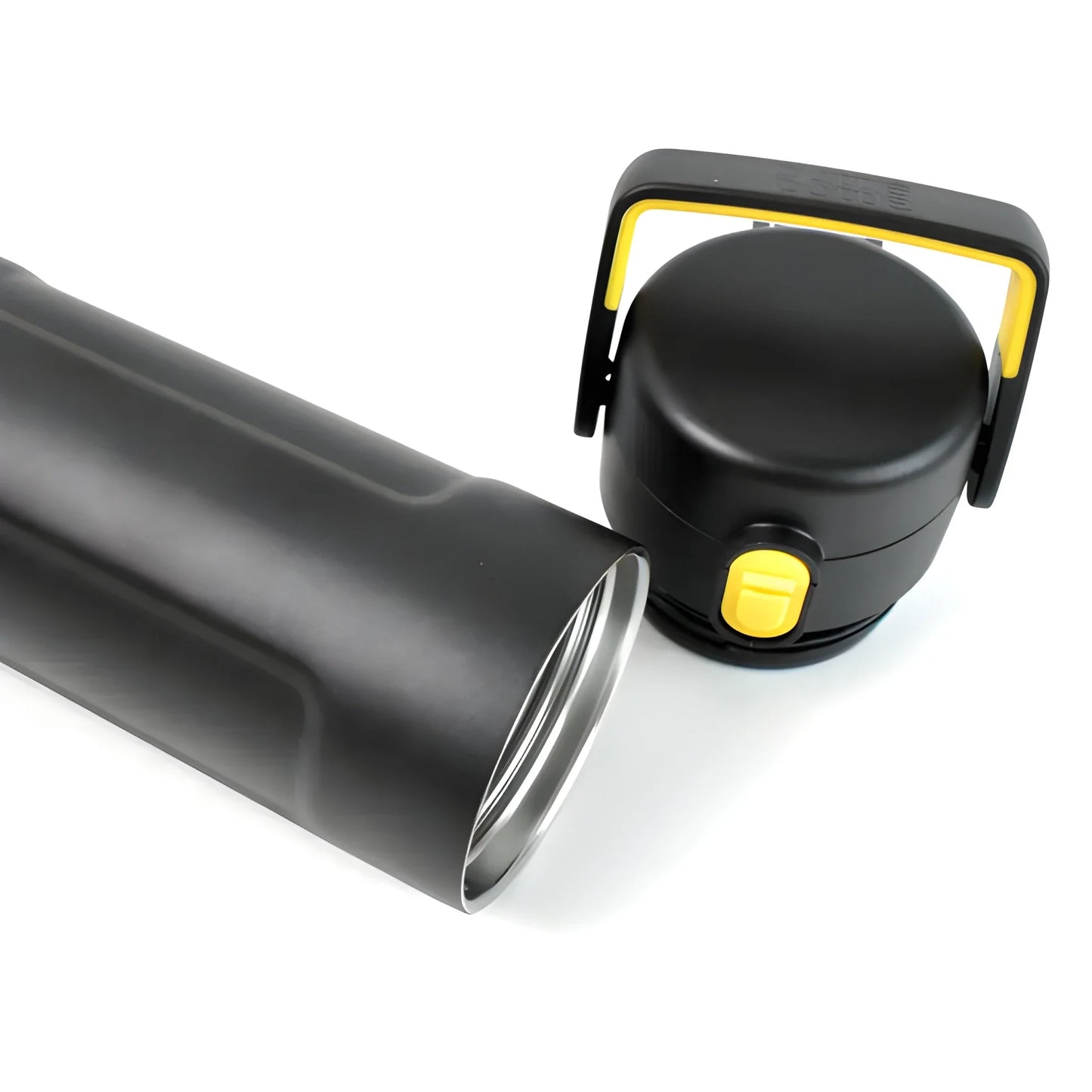 Insulated stainless steel bottle with black lid and carry handle, yellow latch button