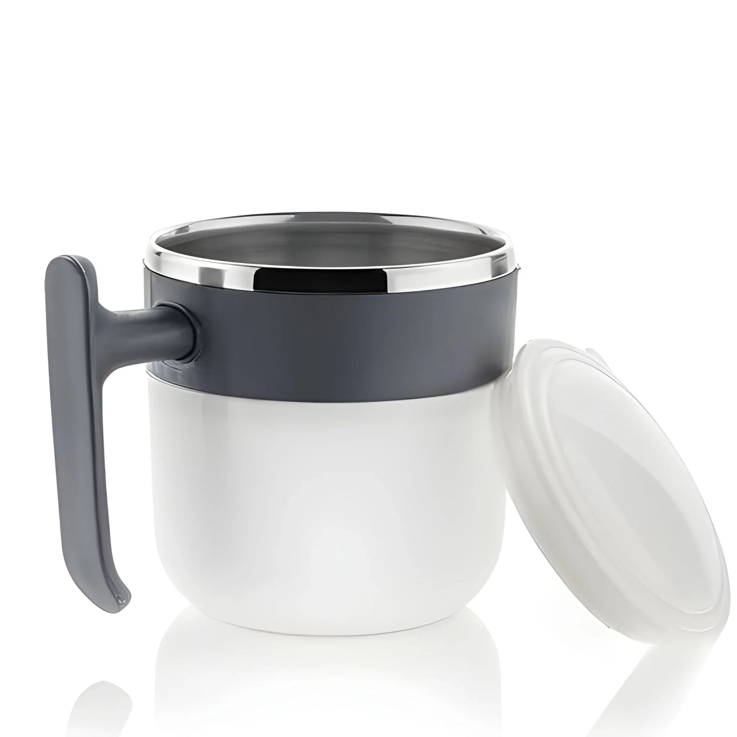 Insulated stainless steel coffee mug with white body, dark gray handle, and flip-top lid