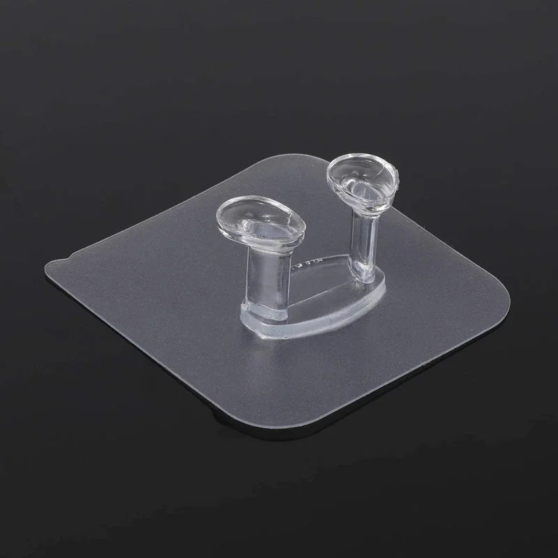 Clear adhesive hook with two transparent hooks on square pad