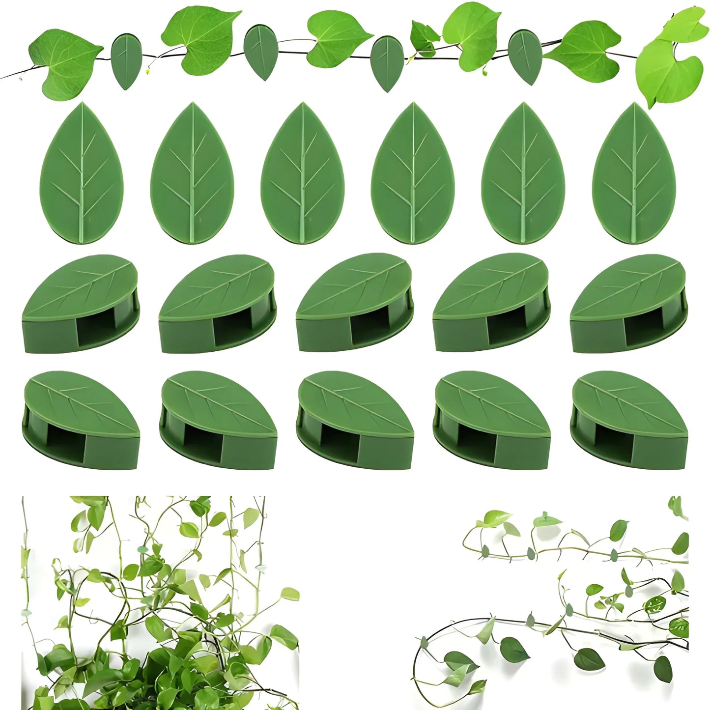 Green plant support clips shaped like leaves, shown in a set of several pieces